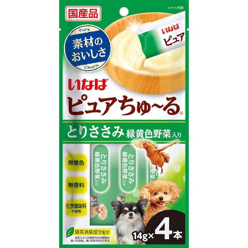 いなばペットフード株式会社 ピュアちゅーる とりささみ 緑黄色野菜入り 14g×4本 犬用 ドックフード スナック 4901133779374 {NP}