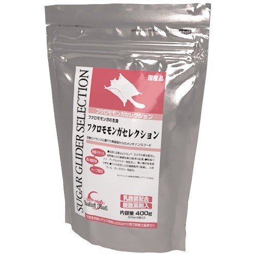 フクロモモンガの主食。ビタミン・ミネラル類を強化。乾燥バナナ・アップルパウダーを配合。フクロモモンガの特性に合わせたプレミアムフード。原材料：ホミニーフィード、脱脂大豆、グルテンミール、ビートパルプ、チキンミール、ブドウ糖、ビール酵母、チーズパウダー、アルファルファミール、ニンジンパウダー、植物性油脂、卵黄粉末、アップルパウダー、乾燥バナナ、オリゴ糖、卵殻粉末、乾燥カモミール、乾燥ローズマリー、桑の葉粉末、たんぽぽ粉末、おおばこ粉末、酵母抽出物、アガリクス、殺菌処理乳酸菌、。