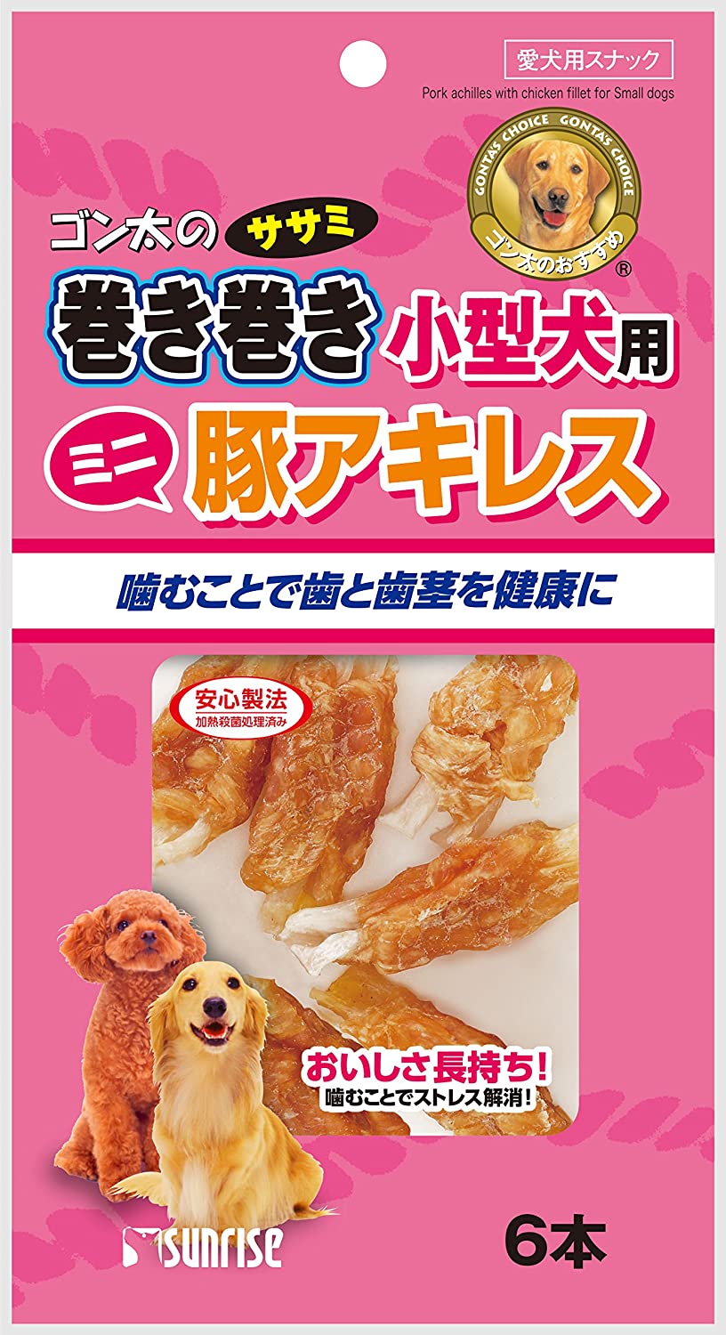適度な噛み応えの豚アキレスにワンちゃんの大好きな鶏ササミを巻いた、嗜好性の高いスナックです。超小型犬・小型犬が食べやすいミニサイズ。原材料：肉類（鶏ササミ、豚アキレス等）、増粘安定剤（ソルビトール、グリセリン）、品質保持剤（プロピレングリコール）、保存料（デヒドロ酢酸ナトリウム）。