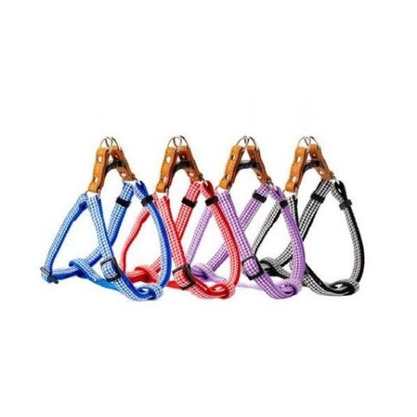 犬用軽便胴輪。原材料：ナイロン。幅×奥行×高さ=110×40×190(mm)。ギンガム柄の犬用軽便胴輪。