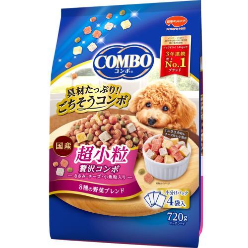 具材たっぷりごちそうコンボ！小さい粒と3種類の具材入り。グルメな超小型犬も大満足の特別なコンボ。原材料：穀類（トウモロコシ、小麦粉、脱脂米糠、コーングルテンフィード、小麦タンパク）、肉類（チキンミール、チキン、鶏ササミ、牛肉粉、豚肉粉、チキンレバーパウダー）、脱脂大豆、油脂類（動物性油脂、植物性油脂（オメガ−6脂肪酸含む））、チーズ、小魚粉末、コーンスターチ、ビール酵母、糖類（ショ糖、オリゴ糖）、食塩、セレン酵母、野菜類（キャベツ、大麦若葉、カボチャ、トマト、ニンジン、ブロッコリー、ホウレンソウ、モロヘイヤ）、カゼインホスホペプチド、プロピレングリコール、ミネラル類（カルシウム、リン、ナトリウム、クロライド、鉄、銅、マンガン、亜鉛、ヨウ素、コバルト）、pH調整剤、保存料（ソルビン酸カリウム、デヒドロ酢酸ナトリウム）、グリセリン、膨張剤、ビタミン類（A、B2、B6、B12、D、E、パントテン酸、コリン）、ソルビトール、着色料（二酸化チタン、食用赤色102号、食用赤色106号、食用黄色4号、食用黄色5号、食用青色1号）、メタリン酸ナトリウム、酸化防止剤（エリソルビン酸ナトリウム、ミックストコフェロール、ローズマリー抽出物）、増粘安定剤（グァーガム）、香料、グルコサミン、アミノ酸類（アルギニン、メチオニン）、コンドロイチン。幅×奥行×高さ=185×90×300(mm)。具材たっぷりごちそうコンボ！小さい粒と3種類の具材入り。グルメな超小型犬も大満足の特別なコンボ。