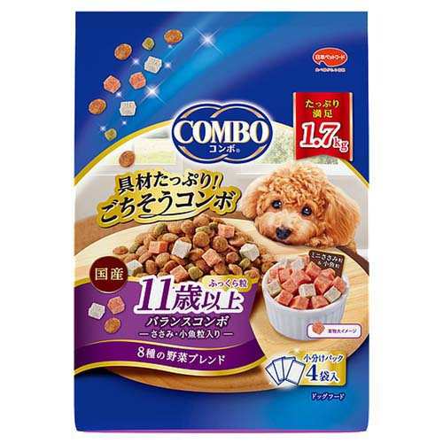 具材たっぷりごちそうコンボ！シニア犬のためのふっくら食感粒。角切りささみ粒も小さくて食べやすい。原材料：穀類（小麦粉、トウモロコシ、パン粉、小麦ふすま、小麦タンパク、コーングルテンフィード）、肉類（チキンミール、チキン、鶏ササミ、チキンレバーパウダー、牛肉粉、豚肉粉）、糖類（ショ糖、オリゴ糖）、油脂類（動物性油脂、植物性油脂（オメガ−6脂肪酸含む））、豆類（おから粉末、脱脂大豆）、小魚粉末、食塩、野菜類（キャベツ、大麦若葉、カボチャ、トマト、ニンジン、ブロッコリー、ホウレンソウ、モロヘイヤ）、コエンザイムQ10、カゼインホスホペプチド、プロピレングリコール、ミネラル類（カルシウム、リン、ナトリウム、クロライド、鉄、銅、マンガン、亜鉛、ヨウ素、コバルト）、保存料（ソルビン酸カリウム、デヒドロ酢酸ナトリウム）、膨張剤、ソルビトール、ビタミン類（A、B2、B6、B12、D、E、パントテン酸、コリン）、pH調整剤、着色料（二酸化チタン、食用赤色102号、食用赤色106号、食用黄色4号、食用黄色5号、食用青色1号）、酸化防止剤（エリソルビン酸ナトリウム、ミックストコフェロール、ローズマリー抽出物）、香料、アミノ酸類（アルギニン、タウリン、メチオニン）、グルコサミン、コンドロイチン。幅×奥行×高さ=240×120×320(mm)。具材たっぷりごちそうコンボ！シニア犬のためのふっくら食感粒。角切りささみ粒も小さくて食べやすい。