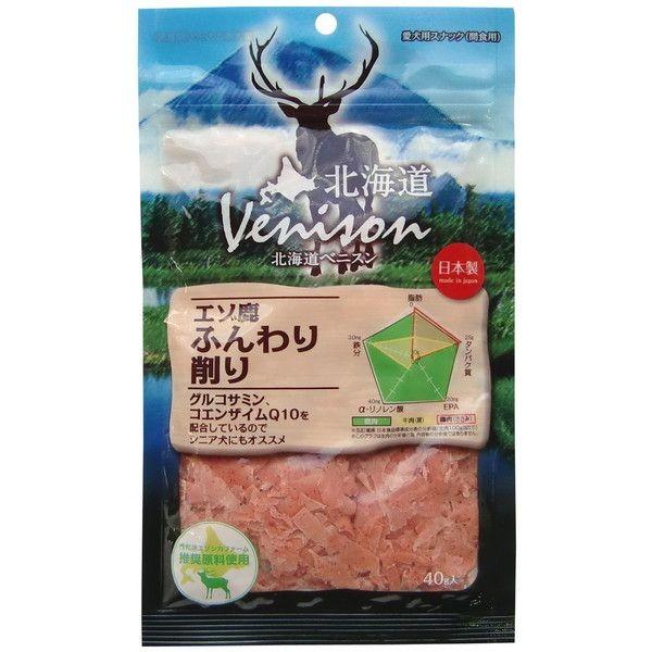 鹿肉たっぷりのジャーキをふんわりスライス。グルコサミン、コエンザイムQ10配合。原材料：えぞ鹿肉、加工澱粉、大豆たん白、小麦粉、グリセリン、ショ糖、食物繊維（KFIBRE）、食塩、コエンザイムQ10、グルコサミン、プロピレングリコール、ソルビトール、GDL、ポリリン酸NA、保存料（ソルビン酸K、デヒドロ酢酸NA）、酸化防止剤（エリソルビン酸NA）、発色剤（亜硝酸NA）、着色料（赤106）。幅×奥行×高さ=145×30×245(mm)。国産原料、国内製造。
