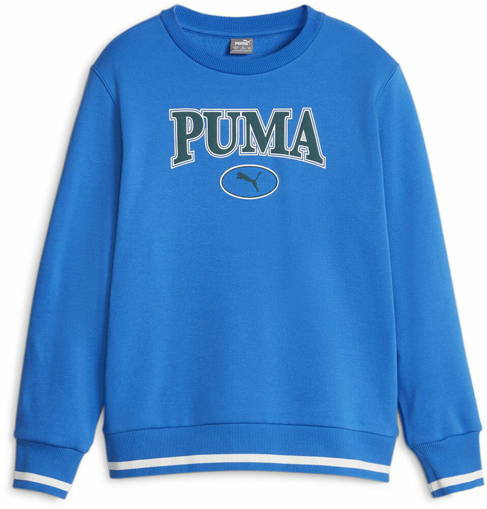 クラシックなカレッジスタイルが特徴的なPUMA Squadコレクション。このスウェットは、どんな服装もカレッジテイストに仕上げてくれます。また、ロゴのグラフィックプリントと裾、袖に施されたラインが目を引くデザインです。アクティブシーンはもちろん、カジュアルシーンでもコーディネートに取り入れやすいアイテムです。機能：裏地ジャージ付きフード、チッピング付き袖口とウエストバンドはリブ編み、胸にプーマのブランドロゴ入り、リラックスフィット、フリース起毛ジャージー素材素材：本体／コットン66％・ポリエステル34％、リブ／コットン96％・ポリウレタン4％、衿／コットン97％・ポリウレタン3％サイズ：120（すそ周り61cm／ゆき59cm／後ろ丈47cm／胸囲80cm）、130（すそ周り66cm／ゆき64cm／後ろ丈51．5cm／胸囲86cm）、140（すそ周り71cm／ゆき68cm／後ろ丈53．5cm／胸囲90cm）、150（すそ周り75cm／ゆき74．5cm／後ろ丈59cm／胸囲95cm）、160（すそ周り82cm／ゆき78cm／後ろ丈61．5cm／胸囲101cm）カラー：（04）ライトグレーヘザー、（47）レーシングブルー