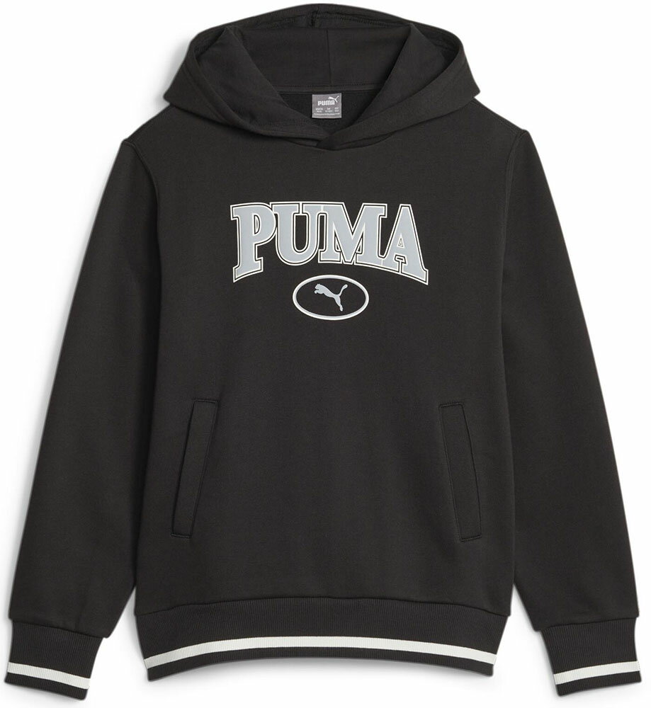 クラシックなカレッジスタイルが特徴的なPUMA Squadコレクション。このフーディは、どんな服装もカレッジテイストに仕上げてくれます。また、ロゴのグラフィックプリントと裾、袖に施されたラインが目を引くデザインです。アクティブシーンはもちろん、カジュアルシーンでもコーディネートに取り入れやすいアイテムです。機能：チッピング付き袖口とウエストバンドはリブ編み、胸にプーマのブランドロゴ入り、リラックスフィット、フリース起毛ジャージー素材素材：本体／コットン66％・ポリエステル34％、リブ／コットン96％・ポリウレタン4％、フード裏地／コットン100％サイズ：120（すそ周り64cm／ゆき61cm／後ろ丈47cm／胸囲83cm）、130（すそ周り70cm／ゆき65cm／後ろ丈51cm／胸囲89cm）、140（すそ周り72cm／ゆき69cm／後ろ丈54．5cm／胸囲94cm）、150（すそ周り77cm／ゆき73cm／後ろ丈59．5cm／胸囲98cm）、160（すそ周り81cm／ゆき80cm／後ろ丈63cm／胸囲101cm）カラー：（01）プーマブラック、（11）フォーオールタイムレッド、（43）マラカイト