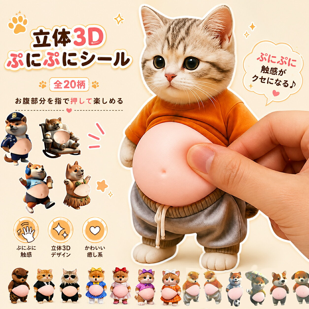 【まとめてお買得】おなかぷにぷにシール お腹 シール 3D猫柔らかいお腹 ぷにぷにシール かわいい 3D もっちりスクイ…