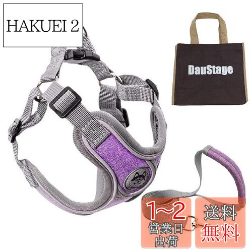 ［DauStage］ 反射素材 ハーネス リード セット 4カラー 小型 中型 大型 犬 猫 用 ペットグッズ 胴輪 夜間 散歩 トートバッグ 付 (バイオレット, L （体重目安 13〜20kg）)