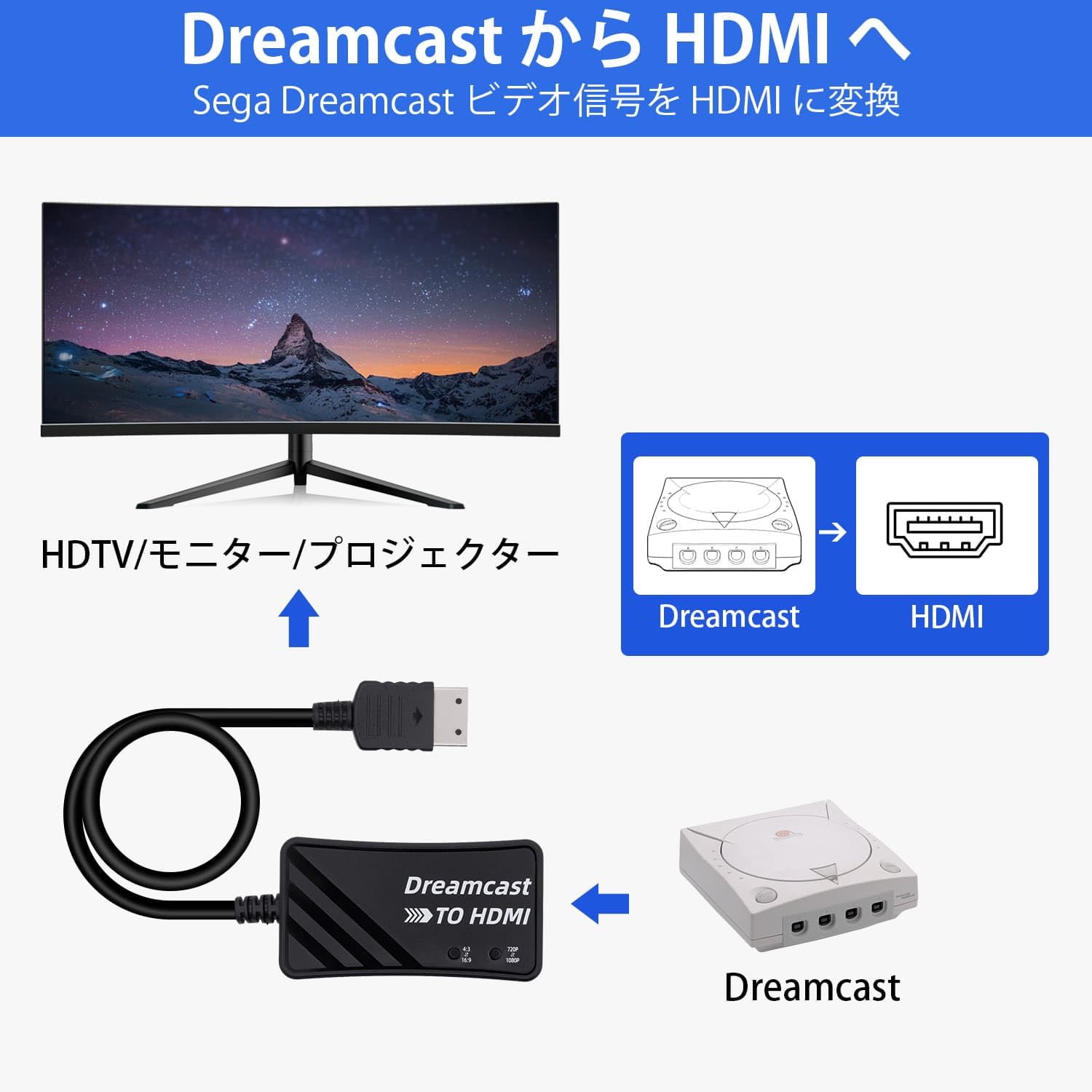 Mcbazel セガドリームキャスト専用（DC） HDTVからHDMI変換コンバーター 720p/1080p解像度の切り替え 4:3から16:9変換可能 アスペクト比切り替えスイッチ内蔵 HDMI変換接続アダプター Dreamcast（DC）対応-ブラック