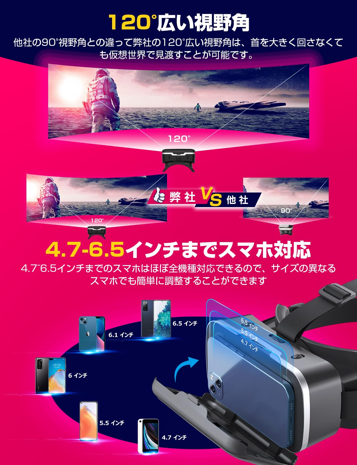 vrゴーグル VRゴーグル VRヘッドセット AOTTOO スマホ用 ピントや目幅調整可 1080PHD 非球面光学レンズ メガネ対応 ブルーライトカット 装着感良い 120°視野角 通気性 軽量 4.7〜6.5インチiPhone&androidなどのスマホ対応 家で楽しめる 日本語取扱書付き