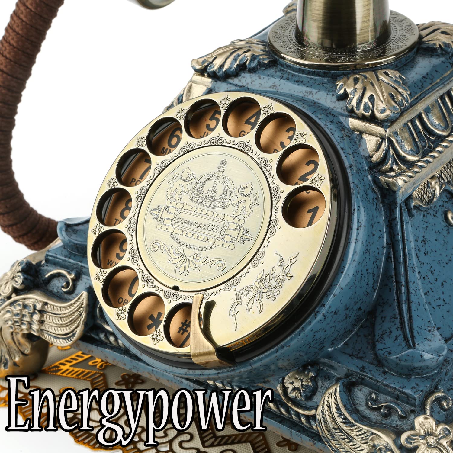 EnergyPower 高級アンティーク調 ダイヤル式電話器 アナログ式電話機 電源不要 機械式＆電子式2種類のベル搭載 レトロ インテリア オールドヨーロピアンスタイル 固定電話 黒電話 ビンテージ ヴィンテージ 回転式 カフェ/ホテル プッシュ（トーン/DTMF）回線対応 (ロイヤ