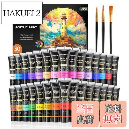 【送料無料】Shuttle Art アクリル絵の具 アクリル顔料 30色セット ペイントブラシ3本付き 速乾 耐久 チューブ 36ml 手作り 布/石/ガラス/...