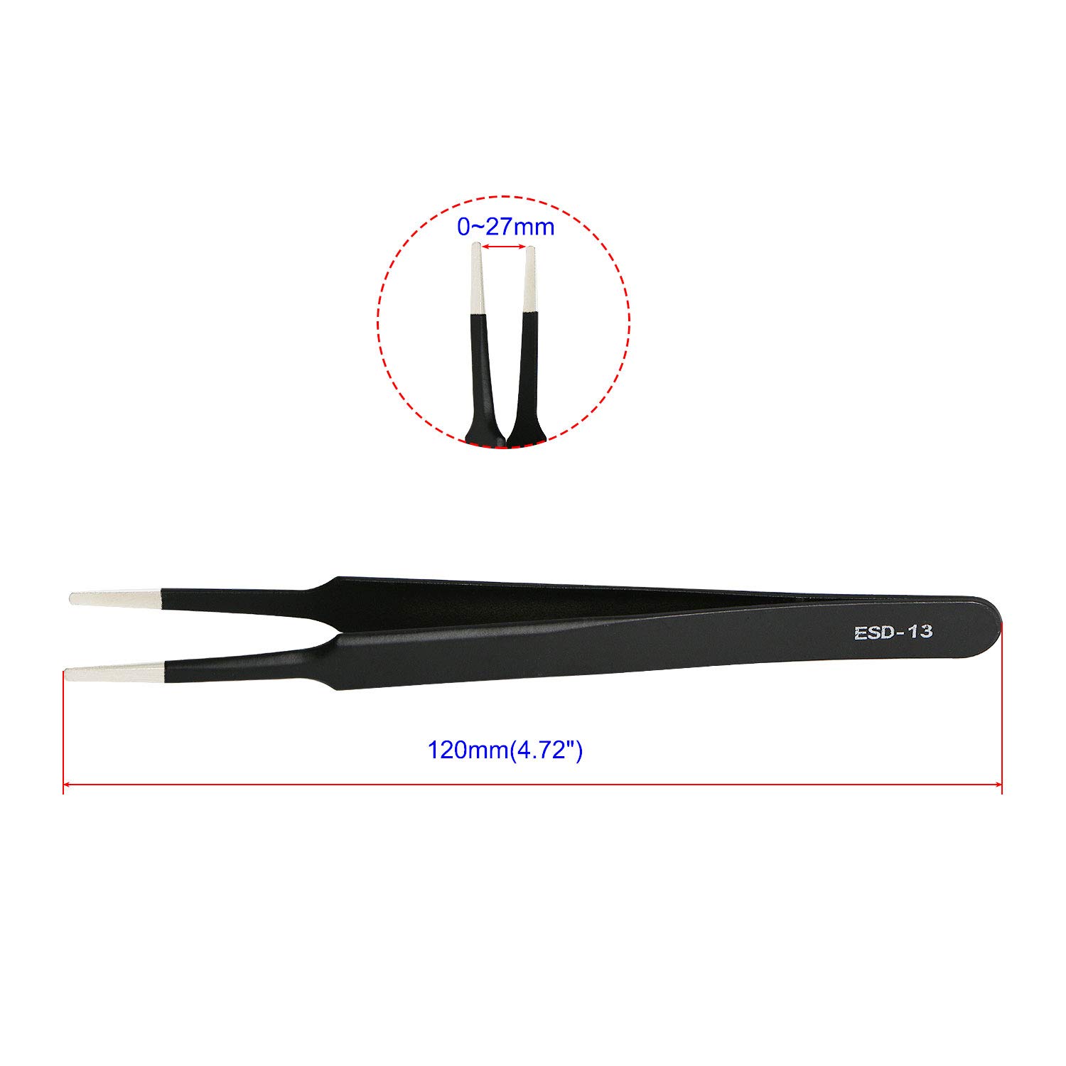 【送料無料】Aoje-Link ESD-13プロフェッショナル帯電防止精密技術ピンセット、非磁性フラットおよびラウンド、ステンレス鋼プラスチックコーティング、全長120mm、黒、2個