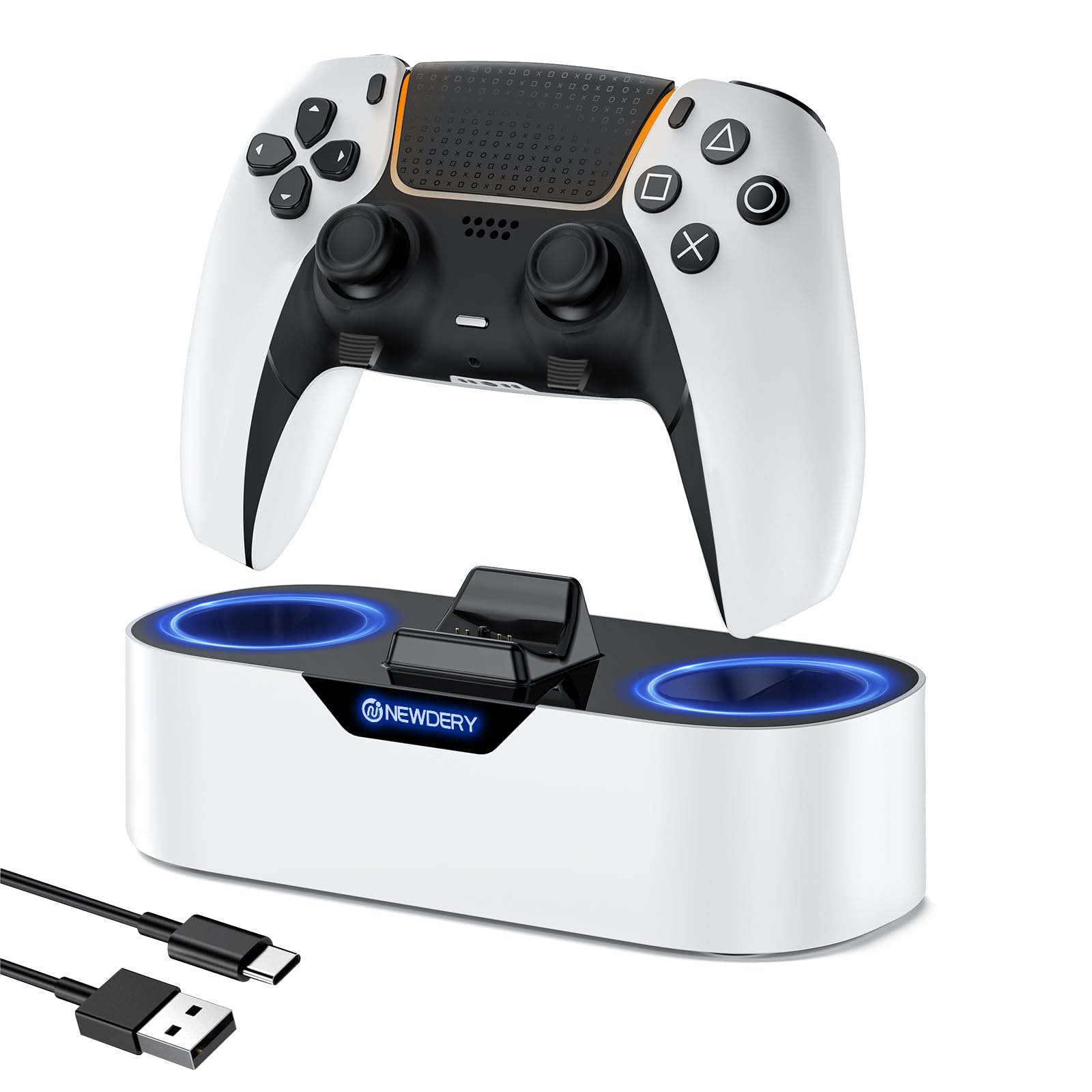 【送料無料】NEWDERY PS5 コントローラー用 充電スタンド 収納スタンド 急速充電 置くだけ充電 ps5コントローラー用 周辺機器 アクセサリ USB-Cケーブル付属 LED指示ランプ付き 過充電防止 コンパクト 軽量 ホワイト