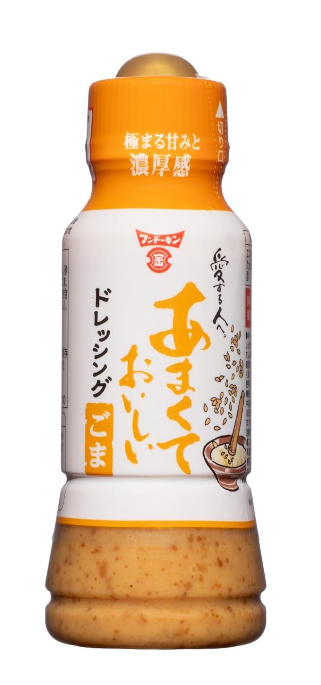 商品情報商品の説明商品紹介 オリジナル製法でごまの風味をしっかり引き出し、自社醸造のしょうゆと合わせた、あまくておいしいごまドレッシングです。極まる甘味と濃厚感が特長で、フンドーキンの深煎り焙煎ごまドレッシングよりもさらに濃厚で甘口なドレッシングです。サラダだけでなく、鍋やそうめんのたれ・つゆとしても美味しくいただけます。 原材料・成分 食用植物油脂（国内製造）、砂糖、しょうゆ（小麦を含む）、醸造酢、ごま、かぼす果汁、食塩、酸素分解卵黄（卵を含む）/酸味料、増粘剤（キサンタンガム）、甘味料（アセスルファムカリウム）主な仕様 原材料:食用植物油脂（国内製造）、砂糖、しょうゆ（小麦を含む）、醸造酢、ごま、かぼす果汁、食塩、酸素分解卵黄（卵を含む）/酸味料、増粘剤（キサンタンガム）、甘味料（アセスルファムカリウム）商品サイズ(高さx奥行x幅):15.2cmx5.7cmx22.8cm