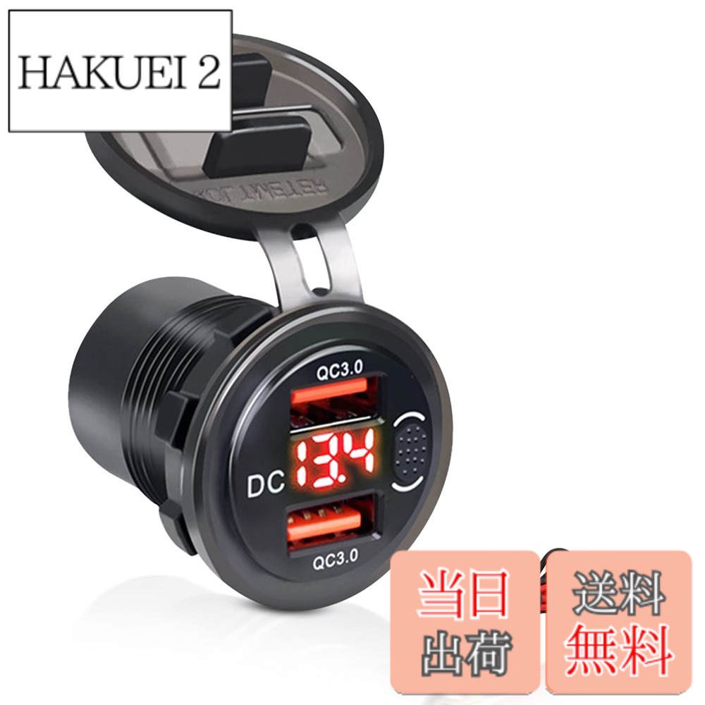【送料無料】Palumma USBカーチャジャー ト QC3.0急速充電 電源ソケット 埋め込み用 急速充電 USB 2ポート付き 車載充電器 12V / 24VデュアルUSB車載電源コンセント、防水、LED電圧計表示、 ボタン付きスイッチ シガーライター (レッド)