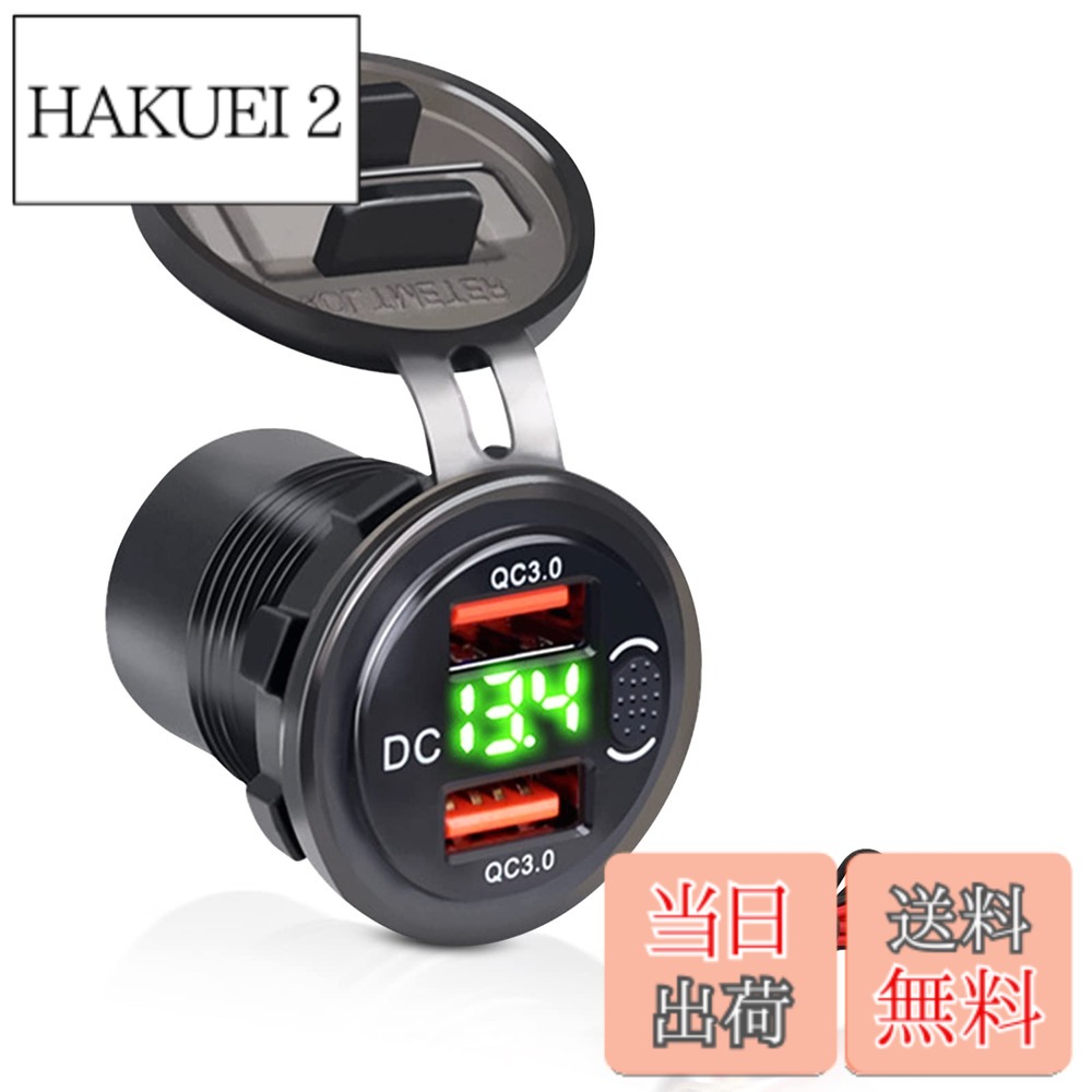 【送料無料】Palumma USBカーチャジャー ト QC3.0急速充電 電源ソケット 埋め込み用 急速充電 USB 2ポート付き 車載充電器 12V / 24VデュアルUSB車載電源コンセント、防水、LED電圧計表示、 ボタン付きスイッチ シガーライター(グリーン)