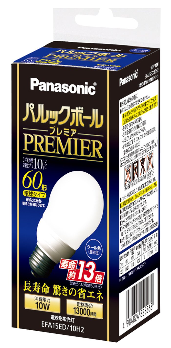 商品情報商品の説明●長寿命約13000時間、驚きの省エネ ●省エネ! 〔CO2・電気代 約80%カット※3〕 ●明るさ長もちNo.1※4〔最後まで明るく目にやさしい※5〕 ●※ 100形(現行品)のみ約10000時間 ●※3 A・G・D15形E26口金 当社シリカ電球・ボール電球60形比(54W) ●※4 光束維持率80%以上の時間。国内電球形蛍光灯分野において(無電極タイプを除く)2009年10月1日発売(当社調べ) ●※5 約13000時間経過時でも約80%の明るさを維持主な仕様 サイズ:外径5.5×長さ11.0cmbr本体重量:0.075Kgbr定格電圧:100V 50/60Hz共用br定格消費電力:10Wbr定格寿命:13,000時間(定格寿命は平均値であり、保証値ではありません。)br仕様1:光色=クール色、口金直径26mmbr仕様2:全光束 (ランプ単体の明るさ)=730 lm、色温度=6700Kbr仕様3:定格入力電流=0.18A、消費効率=73 lm/W