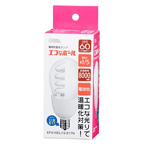 商品情報商品の説明説明 消費電力12Wで60Wの明るさ 全光束(lm)電球色(EL) 740lm 定格寿命8,000時間 口金E17主な仕様 口金：E17br寸法：外径55mm、全長117mm、質量：73gbr定格消費電力：12W、定格入力電流：0.20Abr全光束：740ルーメンbr定格寿命：8000時間