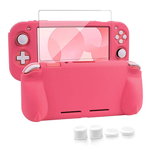 switch liteカバー スイッチライト ケース シリコン素材 ソフトカバー 柔らかい 一体式 全面保護 耐衝撃 特殊ハンドル 薄型軽量 快適な手触り 着脱簡単 防水防塵 スタンド機能 スティックカバー4つ 液晶保護フィルム付き(ピンク)