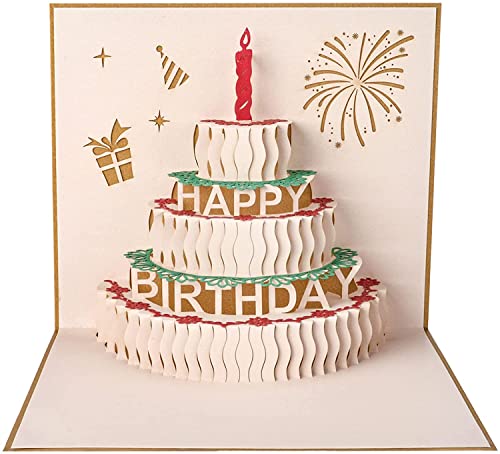 バースデーカード 立体 3Dケーキ お誕生日おめでとうカードをポップアップ 誕生日メッセージカード手作りギフト 親戚 恋人 両親 教師 友達 子供たちへ 誕生日カード 封筒付き (赤)