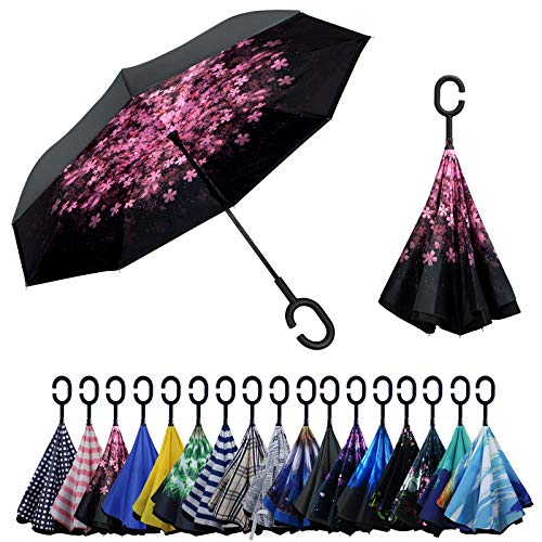 YOKITOMO 長傘 レディース 逆さ傘 丈夫 撥水 内外2枚の布の構成で耐風 熱中症対策 遮光 遮熱効果 閉じると自立可能 晴雨兼用傘 車用(桜) 人気ギフト