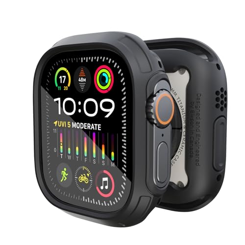 Elkson Apple Watch Ultra 2/1 バンパーケース & スクリーンプロテクターキット 49mm Quattro Maxシリーズ 頑丈 ミリタリーグレード 丈夫 柔軟 耐衝撃 保護カバー 強化ガラス付き iWatch用 ブラック