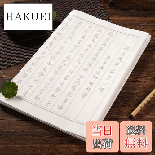 【送料無料】般若心経 写経用紙セット(25枚入り写経紙+筆ペン) なぞり書き 手本付き 大きいサイズ67cm×35cm 行幅ー?5cm (練習20枚+白紙写経用...