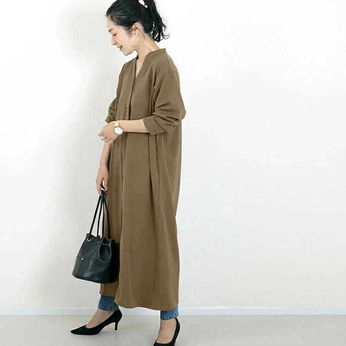 一部即納 シャツワンピース レディース 長袖 春 秋 前開き 無地 ロングワンピース シンプル シャツワンピ 羽織り マキシワンピース ロング丈 ワンピース 体型カバー ロングカーディガン オフィス 通勤 大人 きれいめ アウター 柔らかい