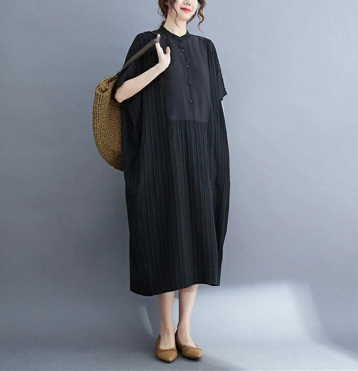 ワンピース ロングワンピース レディース 春 夏 半袖 Aライン フレア ワンピース ゆるシルエット ゆったり ロング マキシワンピース ワンピ マタニティ 体型カバー シンプル ストライプ 秋 上品 カジュアル こなれ感 大人 通勤 30代 40代 50代 3