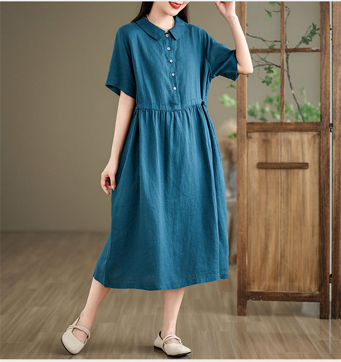 ワンピース シャツワンピース ロングワンピース レディース 夏 折り襟 半袖 柔らかい ゆったり ポロワンピース 着痩せ シンプル Aライン 無地 ワンピース カジュアル 大人 オフィス 通勤 アウター きれいめ お洒落 食事会 涼しい ナチュラル 秋 春 30代 40代 50代