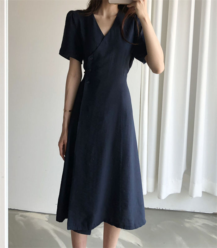 ワンピース ロングワンピース レディース 半袖 春 夏 ハイウェスト Aライン ワンピース ワンピ オフィス フォーマル Vネック こなれ感 すっきり 抜け感 着痩せ ラップ フレア ワンピース フェミニン 気質 無地 結婚式 レトロ 通勤 シンプル 秋 大人 30代 40代 50代