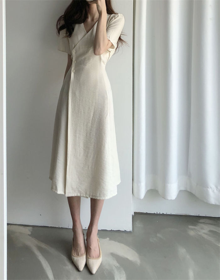 ワンピース ロングワンピース レディース 半袖 春 夏 ハイウェスト Aライン ワンピース ワンピ オフィス フォーマル Vネック こなれ感 すっきり 抜け感 着痩せ ラップ フレア ワンピース フェミニン 気質 無地 結婚式 レトロ 通勤 シンプル 秋 大人 30代 40代 50代