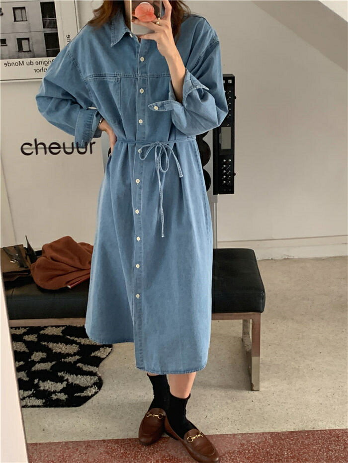デニムワンピース シャツワンピース ワンピース レディース 長袖 デニム ロングシャツ デニムシャツワンピース デニムシャツ 大人 デニムワンピース 羽織り ミモレ丈 前開き ウェストリボン ワンピ 折り襟 ワンピース シャツワンピ 無地 カジュアル 20代 30代 40代 50代