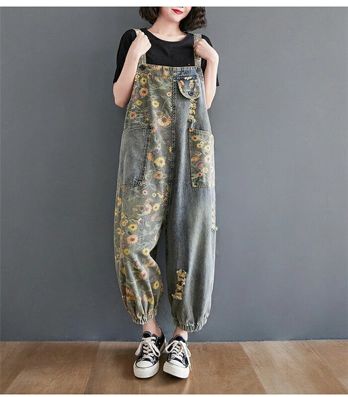 デニムサロペット サロペット レディース 春 夏 花柄 総柄 ボトムス パンツ 大きいサイズ オーバーオール オールインワン ゆるサロペット デニムパンツ 重ね着 マタニティウエア サロペットパンツ ナチュラル ゆったり サルエルシルエット 秋 冬 20代 30代 40代 50代