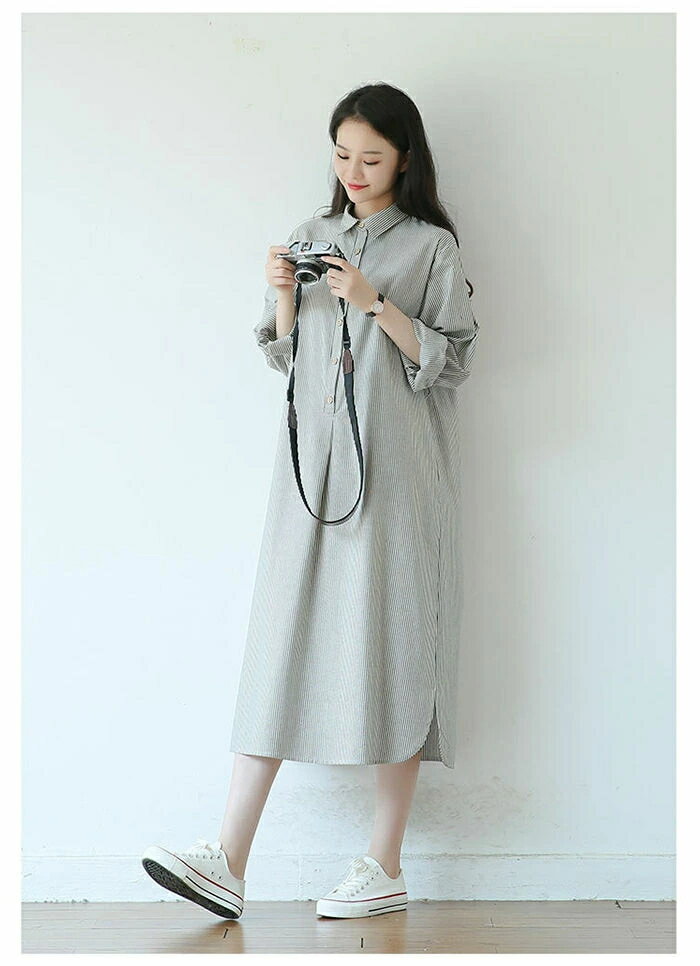 シャツワンピース ワンピース レディース 春 長袖 マキシワンピース ロングワンピース ストライプ シンプル 折り襟 着痩せ 通学 ゆるシルエット 体型カバー シャツワンピ 通勤 大人 きれいめ カジュアル オフィス ゆったり 秋 プレゼント 20代 30代 40代 50代