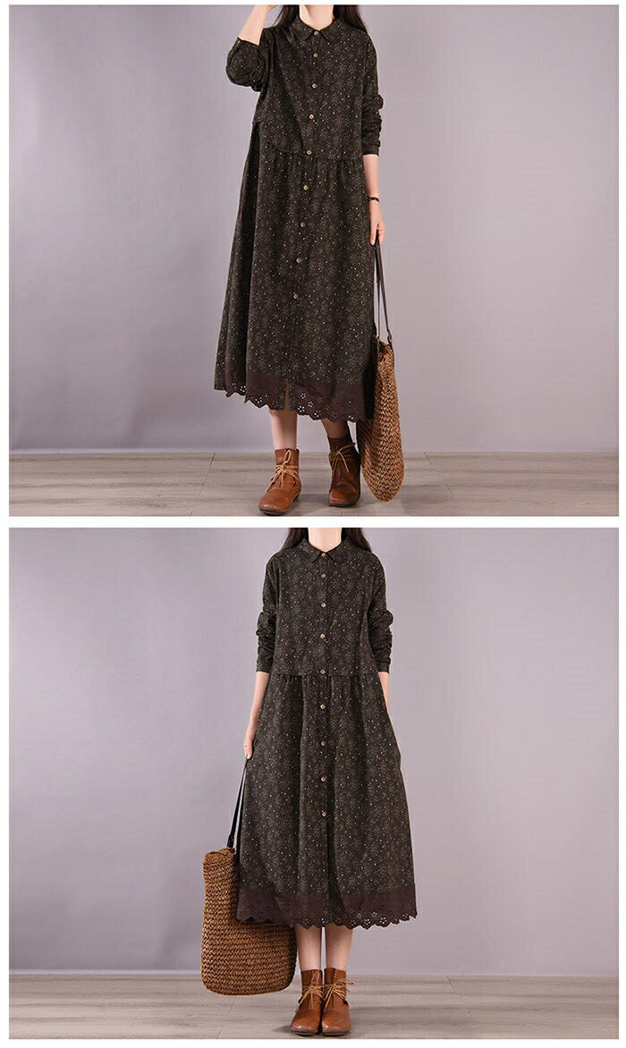 ワンピース ロングワンピース レディース 春 長袖 シャツワンピース マキシワンピース 花柄 ゆるシルエット ワンピ オフィス ナチュラル ゆったり フレア ワンピース ガーゼタッチ 体型カバー レトロ Aライン 綿麻風 秋 春 カジュアル 大人 30代 40代 50代