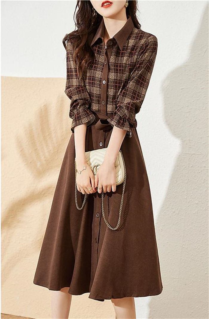 ワンピース ロングワンピース レディース 秋 春 長袖 シャツワンピース 気質 折り襟 切り替え こなれ感 膝丈 フレア Aライン ワンピース シンプル 着痩せ シャツワンピ 通勤 チェック柄 大人 きれいめ フォーマル オフィス ビジネス プレゼント 30代 40代 50代
