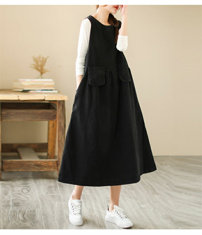 デニム サロペット ジャンパースカート レディース ワンピース ノースリーブ 秋 オールインワン スカート つなぎ 大きいめ サロペ オーバーオール 重ね着風 レイヤード風 セレカジ ロング 体型カバー 膝下丈 クルーネック 春 夏 可愛い シンプル カジュアル 黒