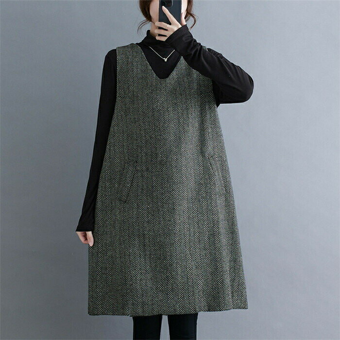 ジャンパースカート ノースリーブ ワンピース レディース Vネック ジャンスカ 膝丈 Aライン 春 秋 冬 サロペットスカート ゆったり ツイード風 サロペット キレイめ 通勤 大きいサイズ オフィス エレガント レイヤード 重ね着 カジュアル 送料無料 20代 30代 40代 50代