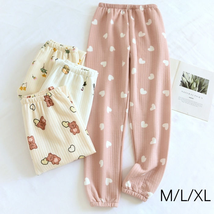 ルームパンツ パジャマパンツ レディース 秋 春 冬 中綿入り 長パンツ 長ズボン ボトムス パンツ パジャマ 着心地 綿 総柄 ゆったり ハート柄 厚手 コッ...