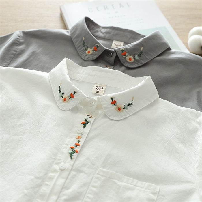 乐天商城 - コットン シャツ シャツブラウス レディース 刺繍 花柄 ブラウス 長袖 綿100％ 春 秋 トップス 無地 可愛い カジュアル レトロ 大人 快適 折り襟 大きいサイズ 体型カバー ゆったり コットンシャツ 通勤 綿 コットン 柔らかい 大人可愛い シャツ 30代 40代 50代