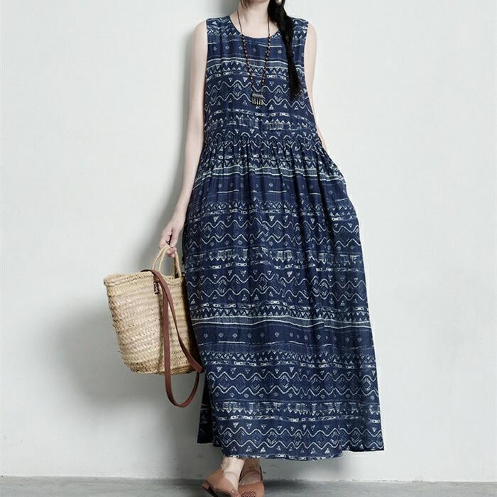 乐天商城 - ワンピース 夏 フレアワンピース レディース リゾートワンピース プリント ロングワンピース 総柄 ノースリーブ ロングワンピ 大人可愛い ハワイアン ロング ゆったり 体型カバー 着瘦せ ひんやり 爽やか きれいめ 通勤 薄手 涼しい 爽やか プリント ワンピース 50代