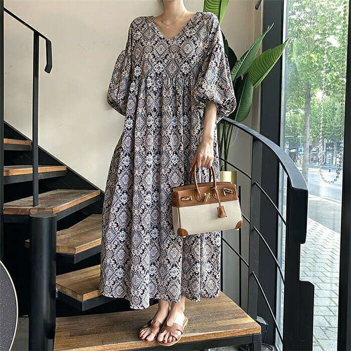 マキシワンピース ワンピース　マキシ丈　夏　レディース　フレアワンピース　aラインワンピース　vネック　大きいサイズ　ロングワンピース　総柄　可愛い　通勤　重ね着　定番　切り替え　ハイウエスト　ゆったり　体型カバー　30代　40代　送料無料 hakuhin-10002792 Hakuhin Store サンプル画像2