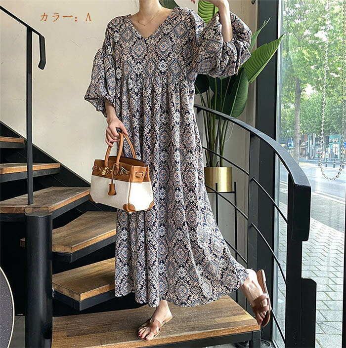 マキシワンピース ワンピース　マキシ丈　夏　レディース　フレアワンピース　aラインワンピース　vネック　大きいサイズ　ロングワンピース　総柄　可愛い　通勤　重ね着　定番　切り替え　ハイウエスト　ゆったり　体型カバー　30代　40代　送料無料 hakuhin-10002792 Hakuhin Store サンプル画像3