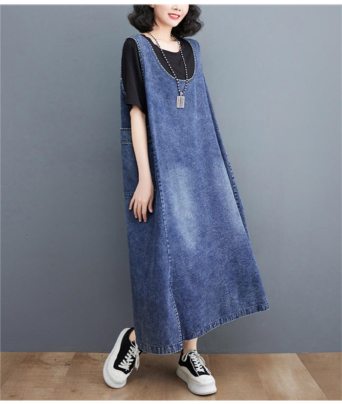 デニム サロペット スカート レディース ジャンパースカート ワンピース デニム ロング丈 ノースリーブワンピース 春夏 Uネック デニムワンピース スリット オーバーオール ポケット付き サロペットスカート ゆったり 大きいサイズ カジュアル 体型カバー 春 夏 重ね着