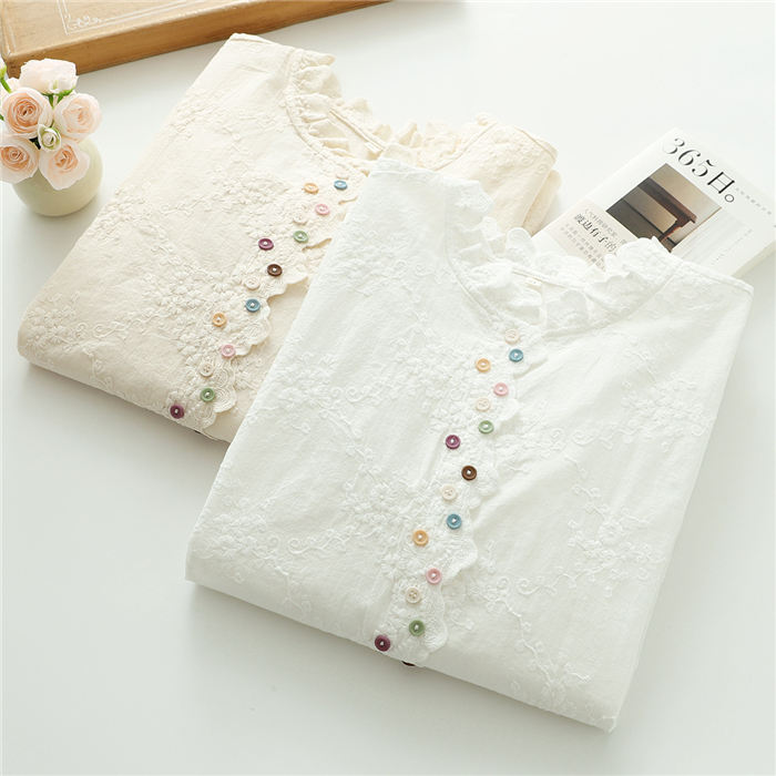 綿100％ シャツ レディース フリル襟 花柄 刺繍 シャツ ブラウス 長袖 綿 フリル レディースシャツ トップス 秋 春秋 冬 秋冬 体型カバー シャツブラウス ブラウス 可愛い 大人 きれいめ 配色ボタン カジュアル ナチュラル 通勤 オフィス ビジネス 送料無料 白 ホワイト