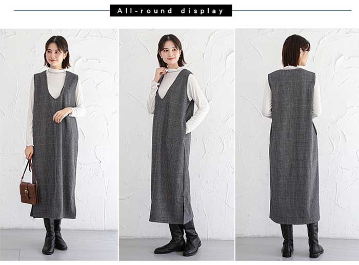 チェック ジャンパースカート 秋 冬 ワンピース 秋冬 きれいめ ノースリーブ 深Uネック キーネック 大人 50代 ロング サイドスリット グレンチェック 大きいサイズ ジャンスカ ワンピ ロング丈 通勤 オフィス 重ね着 レイヤード 春 秋 2タイプ選べる 2way 送料無料