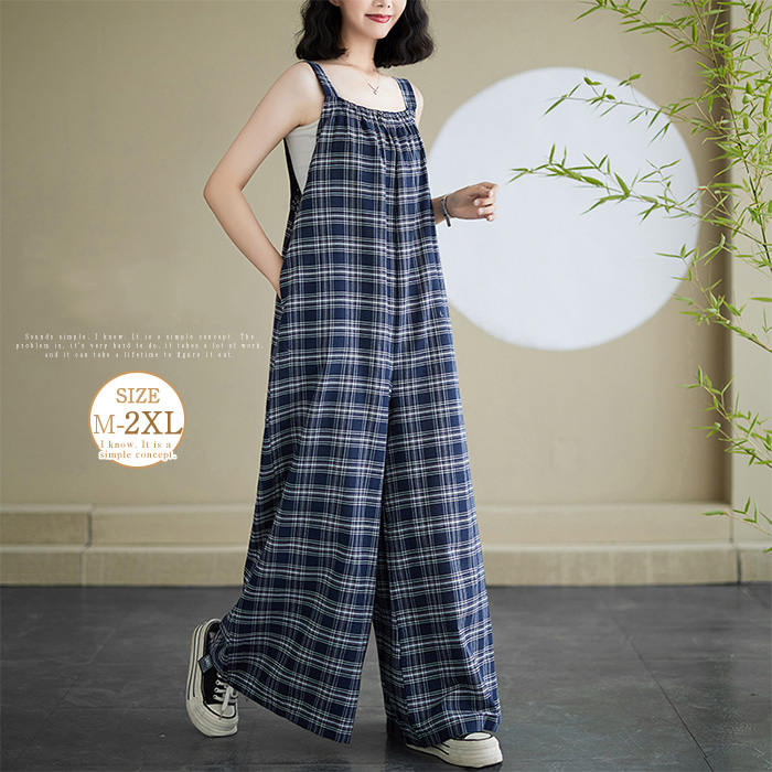 チェック サロペット レディース ガウチョパンツ フレアパンツ イージーパンツ 春 夏 オフィス 仕事 オールインワン ゆったり パンツ ロングパンツ サロペットパンツ ロング キャミ ワイドパンツ カジュアル ナチュラル お洒落 つなぎ 体型カバー 可愛い 新作 紺色
