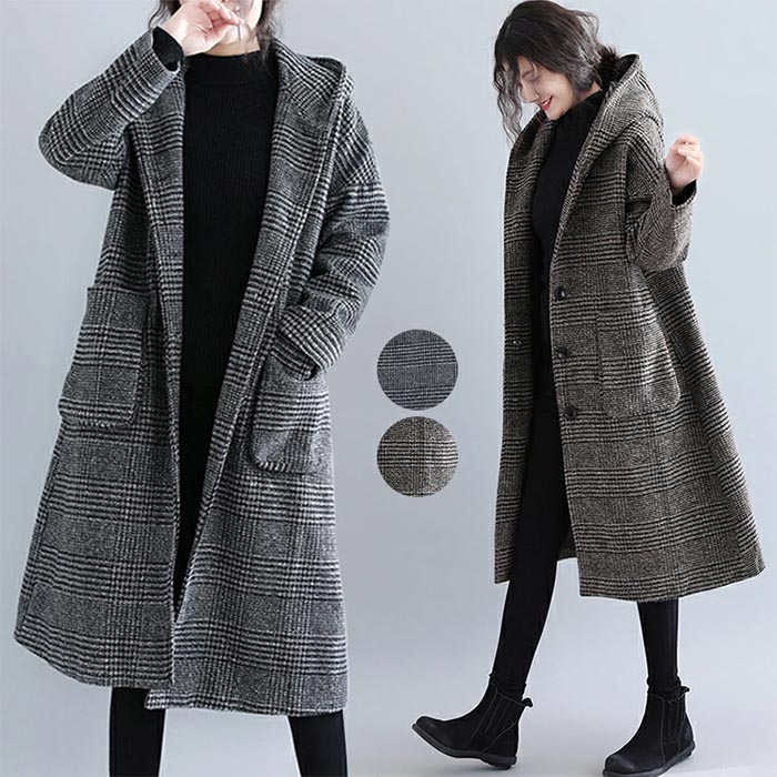 Down Coat - 【送料無料】ゆったりシルエット レディース　フーデットコート グレンチェック フードコート フード付き コクーンシルエット ロング コート チェック アウター 秋冬 シンプル ボタン ゆったり 防寒 軽い 暖かい 秋 冬 秋冬 前開き ダウンジャケット あたたかい
