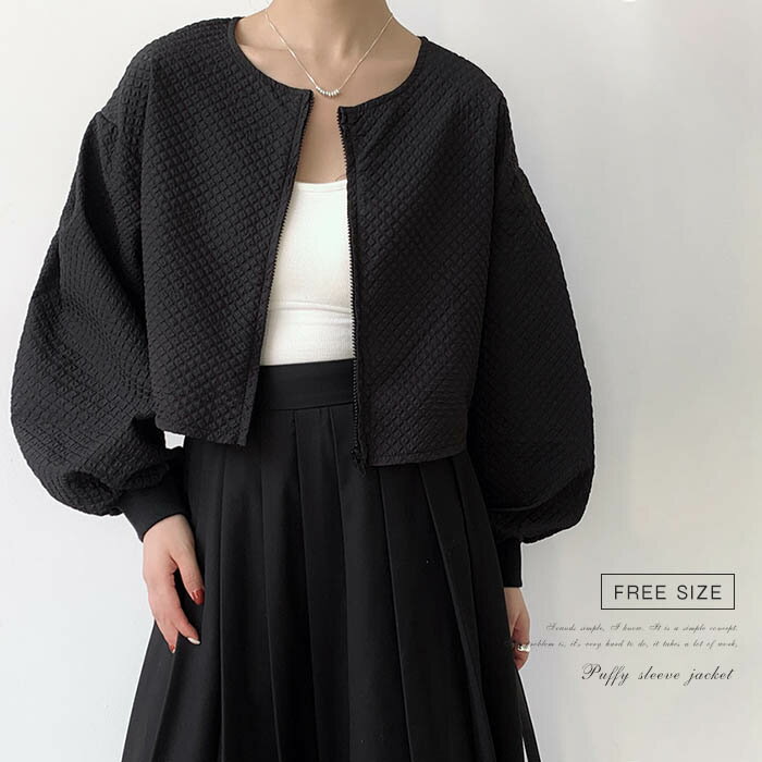乐天商城 - ジャケット レディース 秋 春 レディース 大人 パフスリーブ ショート丈 ショート丈ジャケット レディース ブルゾン レディース きれいめ 秋コート 春コート アウター 無地 長袖 ジャケット 大きいサイズ おしゃれ きれいめ 通勤 ファッション ブラック 黒